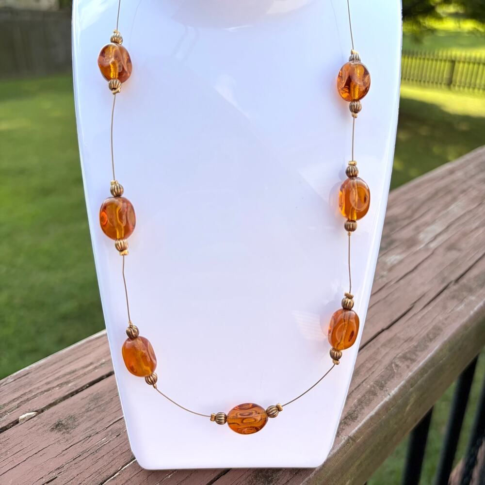 Vintage Carol Dauplaise Signed Amber Glass Beaded Necklace 18" Pat 3984900 EXLN